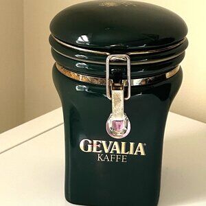 Gevalia Kaffe Royal Warrant Dark Green and Gold Ceramic 1 lb Coffee Jar Canister